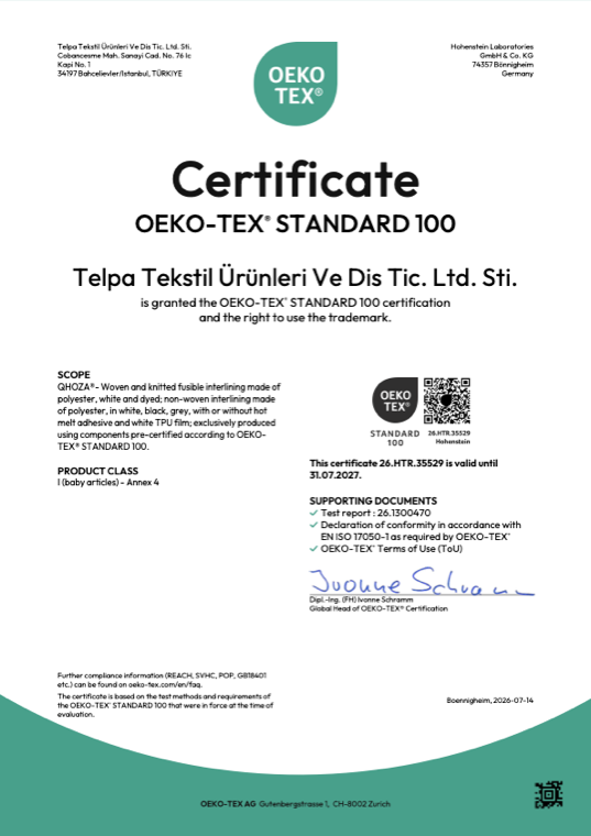 OEKO-TEX STANDARD 100 sertifikası — Telpa Tekstil / QHOZA (No. 26.HTR.35529)
